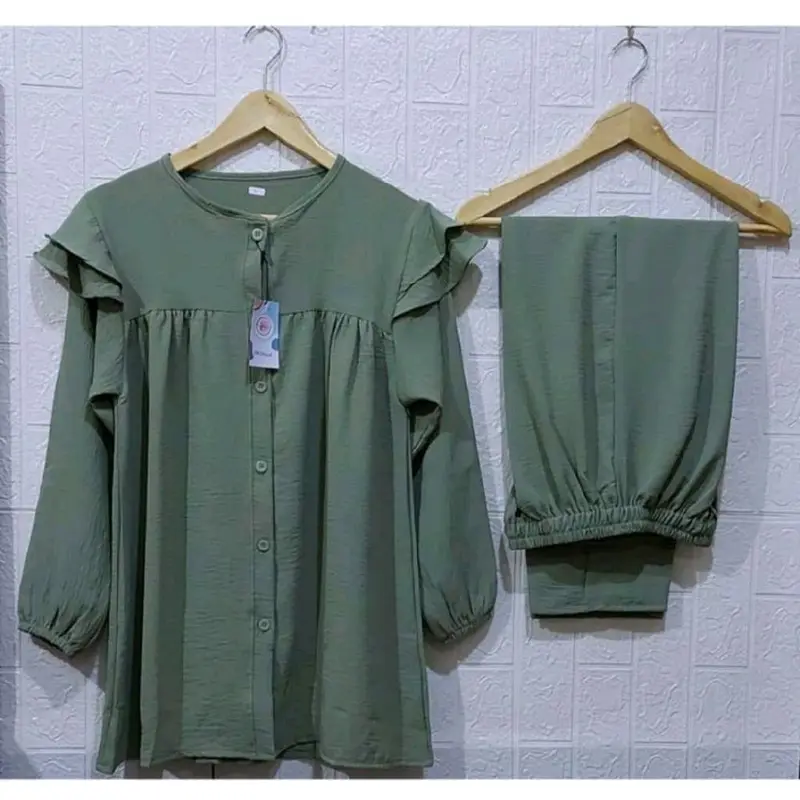 Setelan Cringkel Wanita Dewasa bisa Cod Baju Muslim Panjang Remaja Crinkle  Airflow Kancing 0