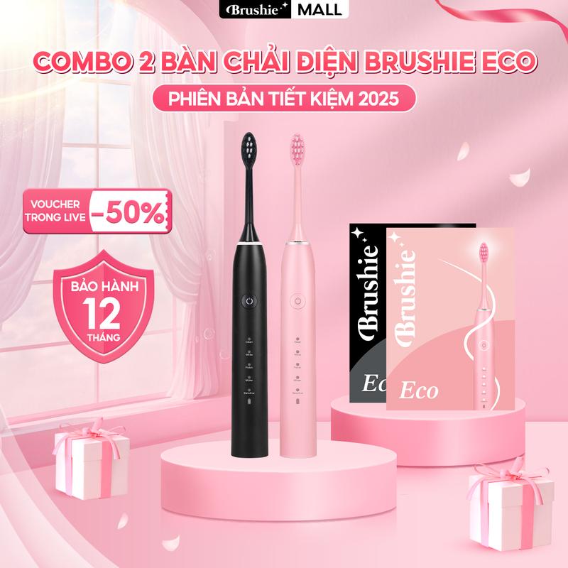 [PHIÊN BẢN TIẾT KIỆM] Combo 2 bàn chải điện Brushie Eco phiên bản tiết kiệm 2025 với 5 chế độ hỗ trợ làm sạch - Tặng 2 TÚI TOTE ĐI BIỂN + 2 DÂY SẠC TYPEC