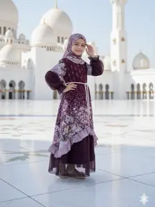 Gamis Zahira Set Hijab Anak Perempuan Ceruty Babydoll Mix Brukat Premium Motif Bunga Sakura Usia 2-10 Tahun