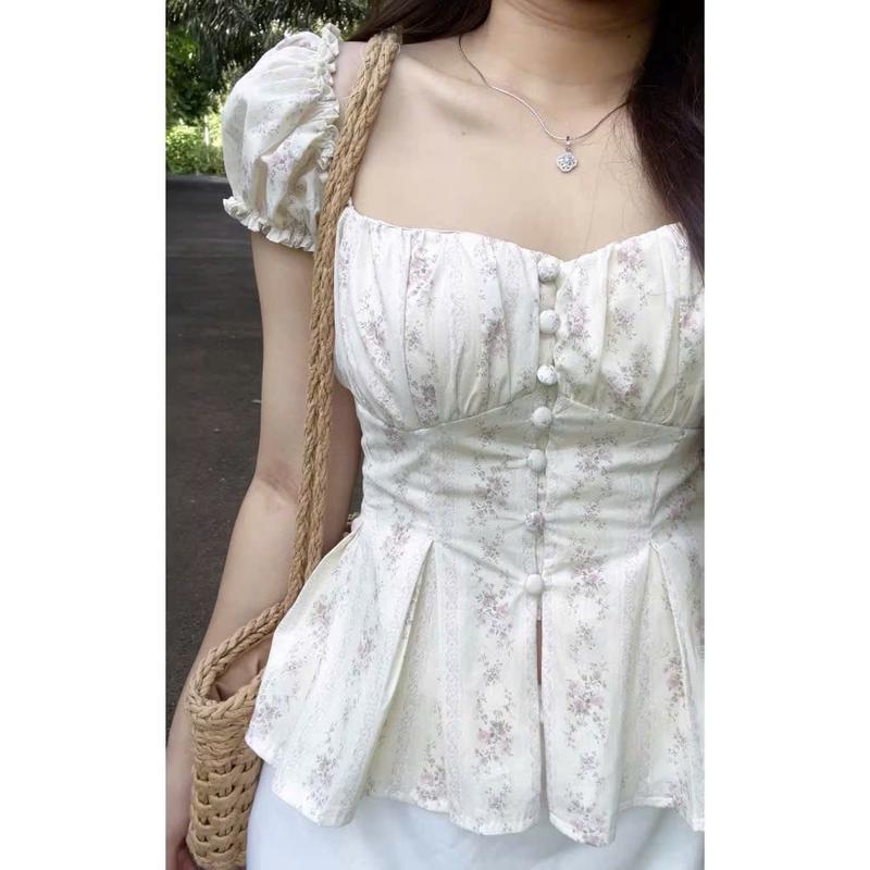   Lẻ áo + váy  Set Aó Kiểu Trễ Vai Tay Phồng Hoa Nhí Cài Nút | Có Mút | Phía Sau Có Bo Chun - LEONI SET 