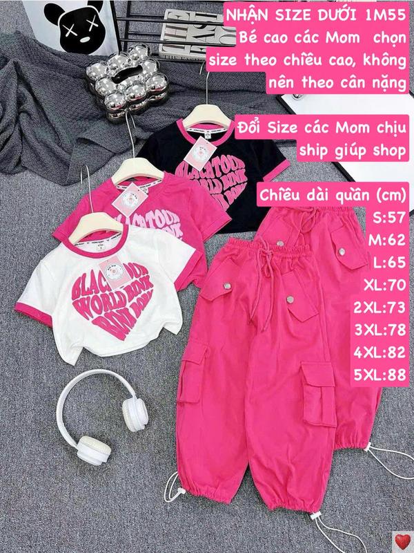 [MinMinKid2] (16-45kg, <1m55) Set áo Thun Vải Cotton croptop HOẠ TIẾT TIM phối quần kaki thô túi hộp cho bé gái