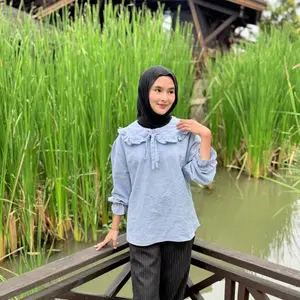 Cloudy blouse sky blue linen premium kameja wanita