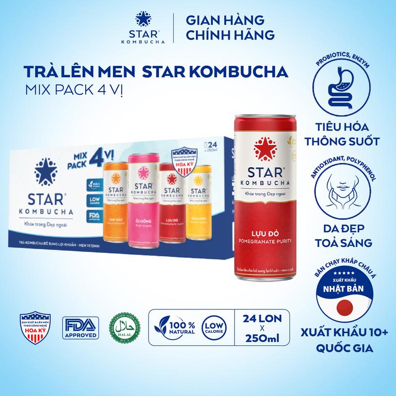  Thùng 24 lon trà lên men Star Kombucha mix 4 vị  250ml lon  