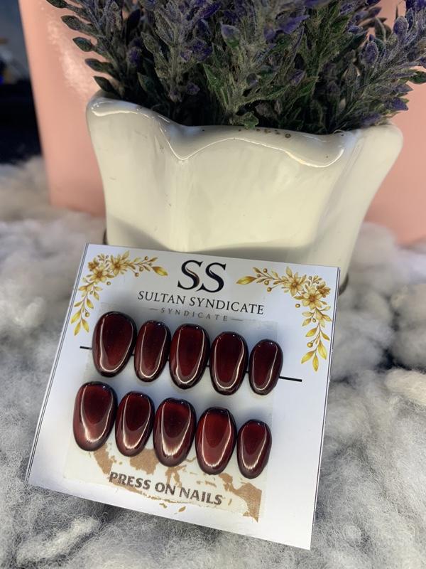 Press On Nails Hande Made SultanSyndicate Model Kuku Full Cat Eye Kuku Palsu Short Oval Free Lem Tempel Dan Kikir