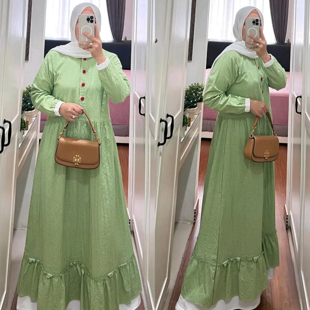 GAMIS KATUN MERK SEMUT ORI Katun Bunga Setrip Polka Dot Hitam Navy Cokelat Dress Muslim Kancing Wanita
