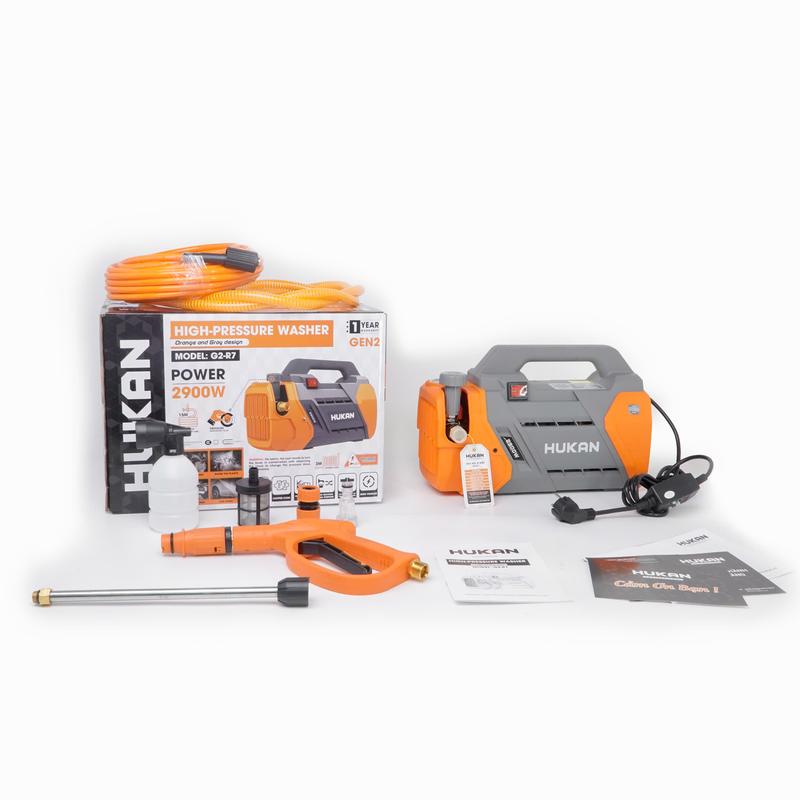 Máy rửa xe Hukan R7 công suất 2900W motot dây đồng dây xịt 15m phục vụ rửa ô tô xe máy sân vườn nhà có rơ le chống giật