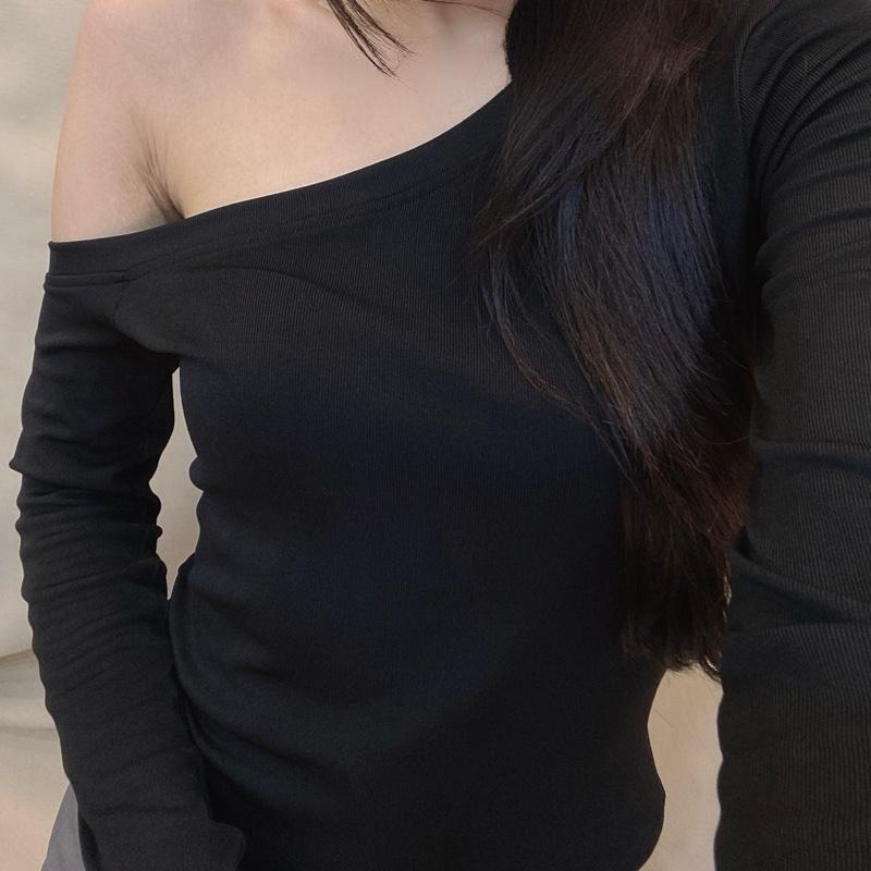 [ M39 ] Áo thun kiểu lệch vai tay dài phom áo baby tee năng động dáng áo trơn Women