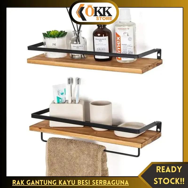 OKK Rak Gantung Dinding Kamar Mandi Minimalis/Rak Gantung Kayu Besi Serbaguna