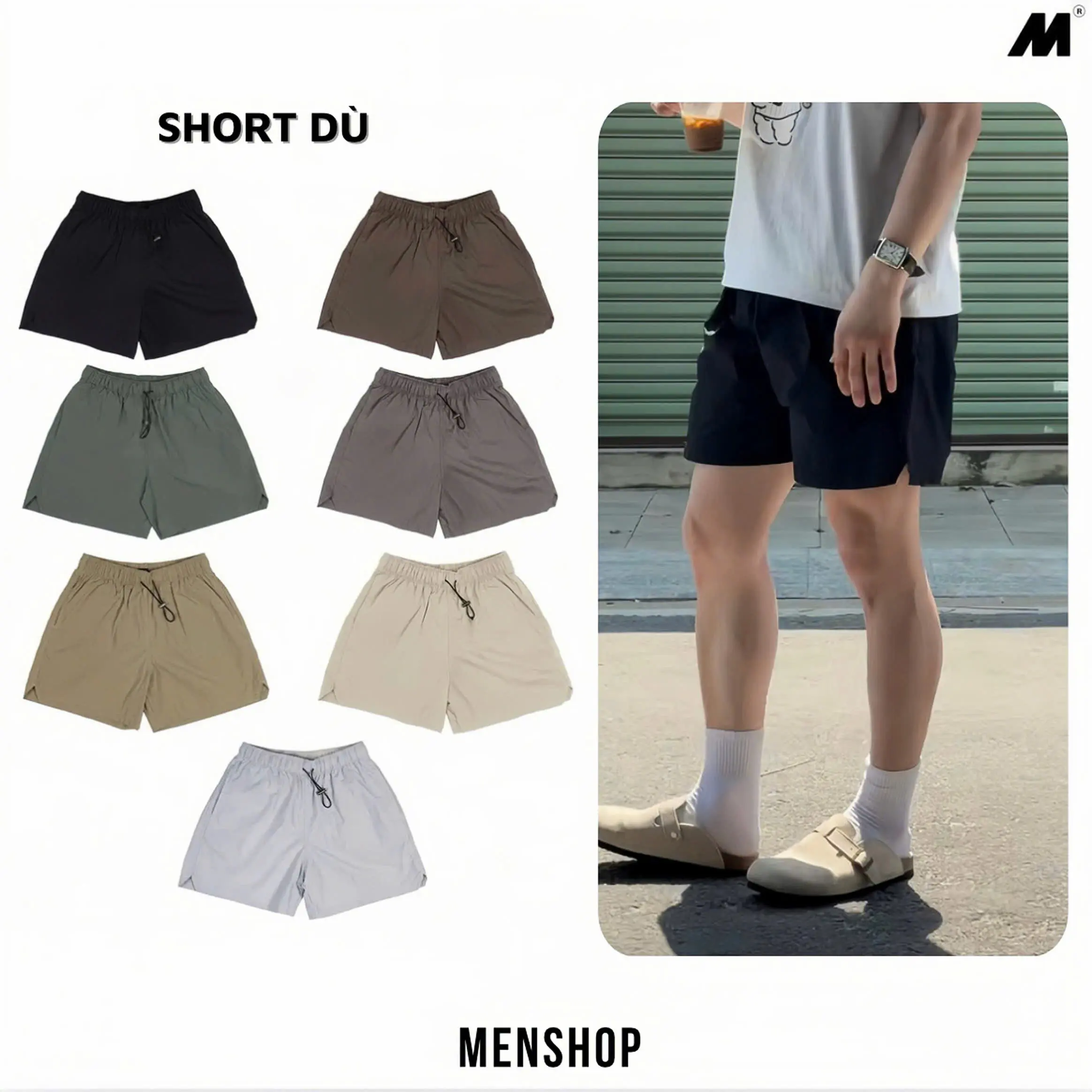 Menshopvn | Quần short Dù Gió Trơn Form Trên Gối Basic Unisex Nam Menswear ,Có túi