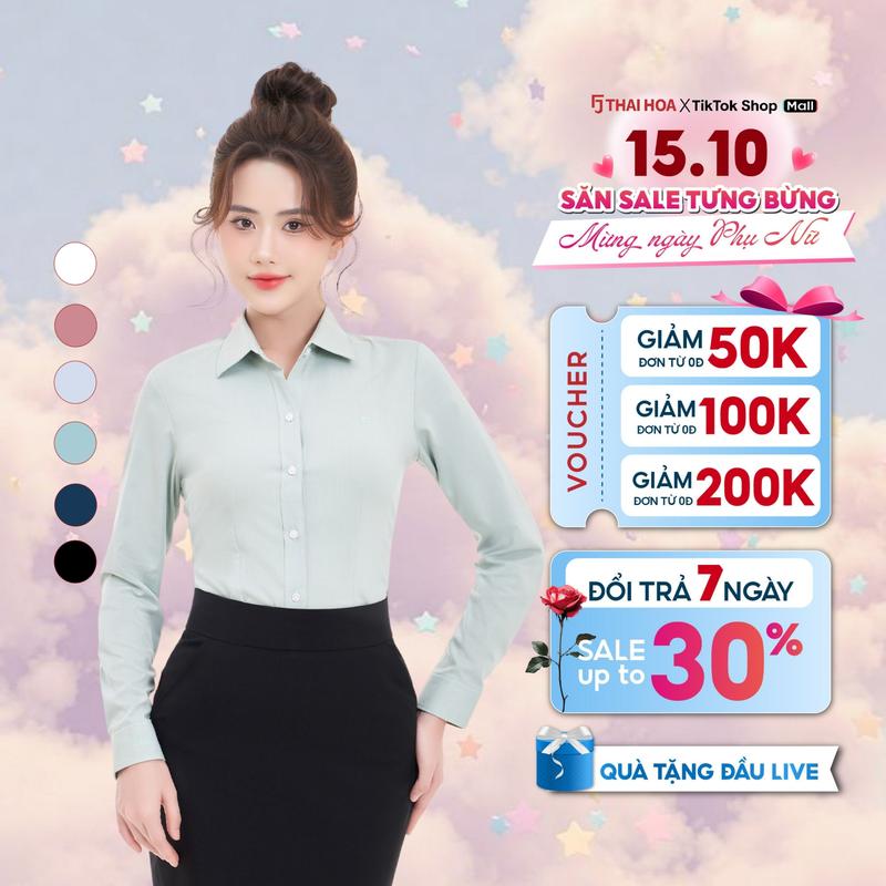 Áo R11 tinh chất sợi tre vải xước Thái Hòa -form slimfit có chiết ly eo ASW0101-R11 dài tay cổ Đức - Top Cổ Tròn