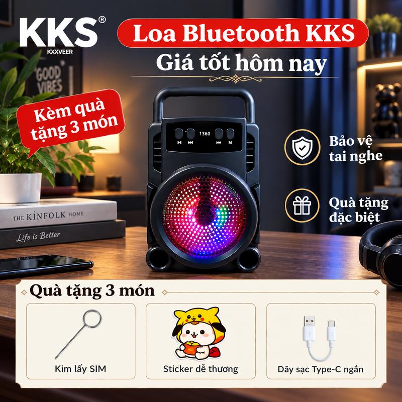 Loa Bluetooth 1360 đèn LED đổi màu theo nhạc, bass căng, kết nối nhanh Bluetooth 5.3, pin dùng 3-5h, thiết kế hiện đại nhỏ gọn – sản phẩm hot trend cho mọi không gian giải trí