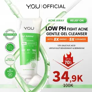Y.O.U Hy! Amino+ 1.5% BHA Fight Acne Gel Cleanser Amino Facial Wash Low pH Gentle Gel Salicylic Acid Acne Facial Wash Centella Sabun Aman untuk Kulit Sensitif Teruji oleh Dermatologis