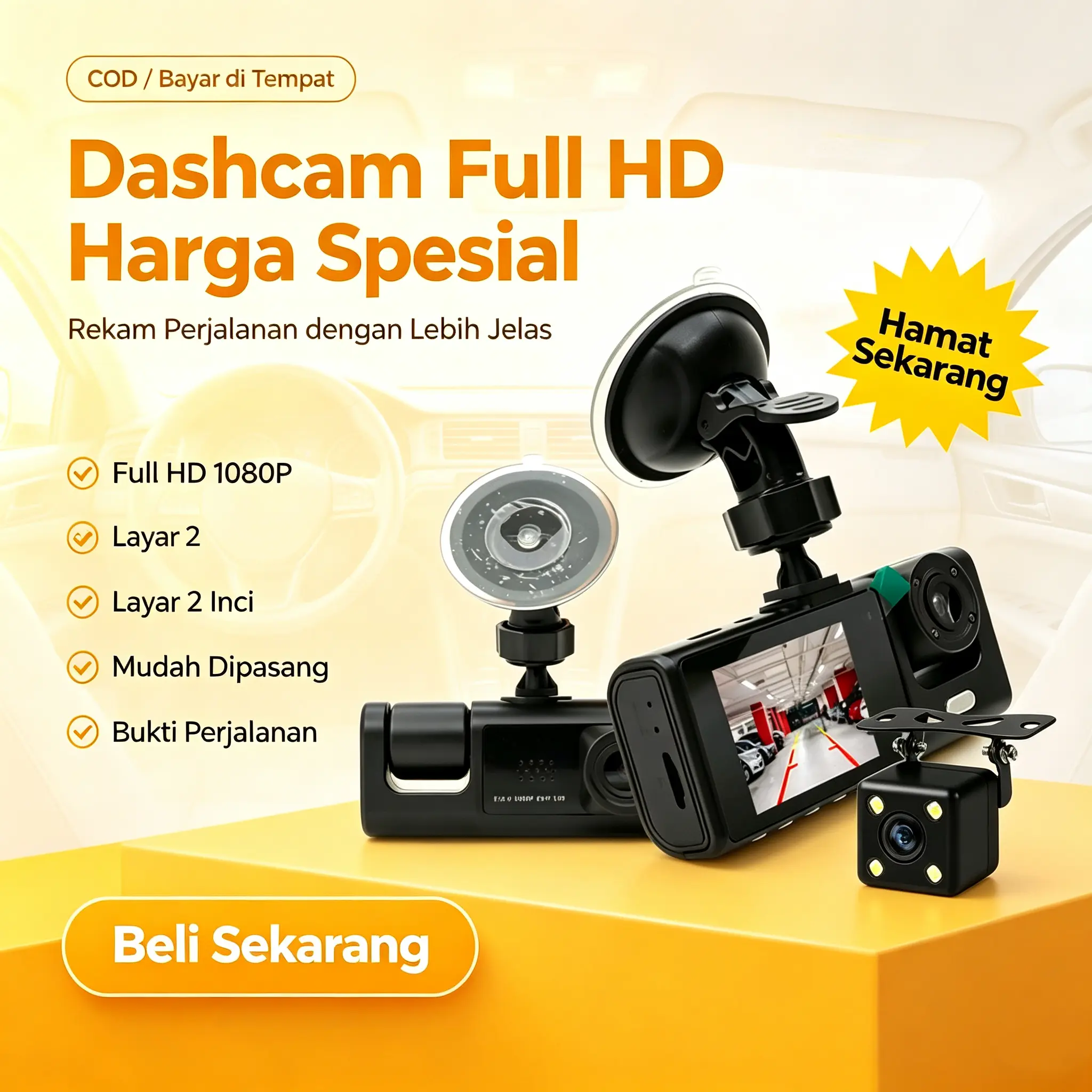 Dashcam Mobil WIFI 3 Cameras Full HD 1080P Perekaman Loop 24 Jam Pemantauan Parkir COD