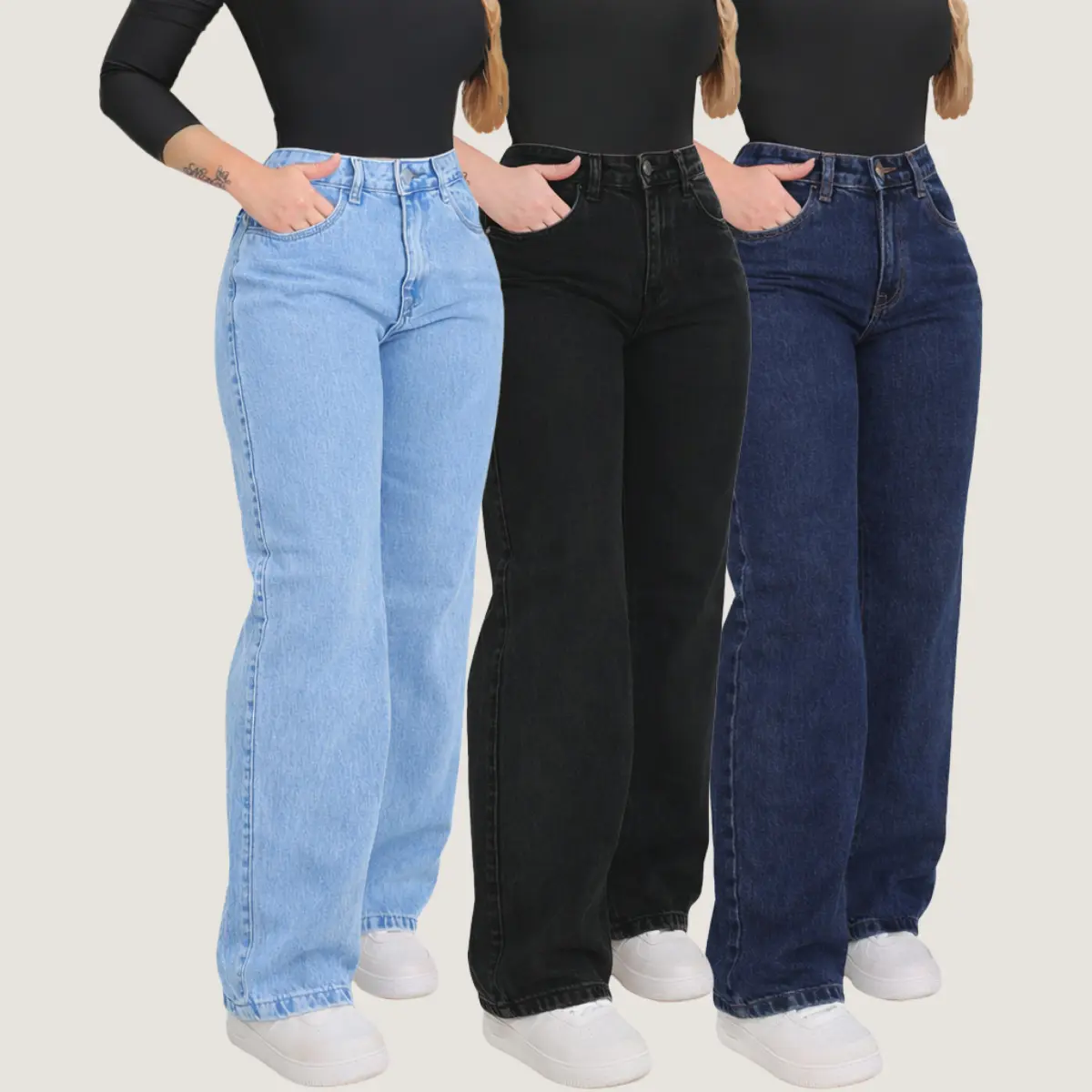 Kit 3 Calça Jeans Wide Leg Feminina Cintura Alta 100% Algodão Premium Bolsos e Modelagem Reta e Solta para Looks Casual e Chic - 9