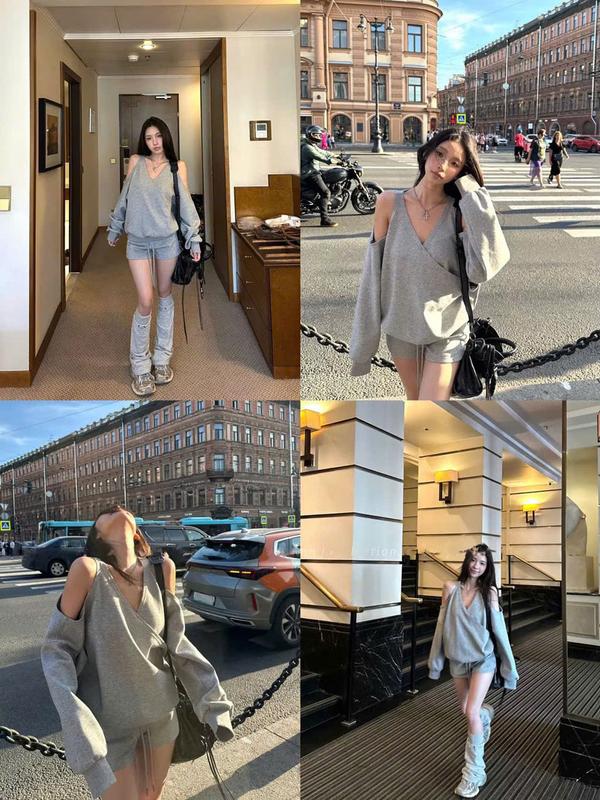 Set nỉ hở vai tay dài phối quần short dáng ngắn set đồ nữ đẹp set nữ xinh đi chơi