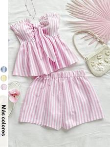 Conjunto de dos piezas a rayas para mujer, top halter con volantes + shorts de cintura alta, moda veraniega, cómodo y elegante