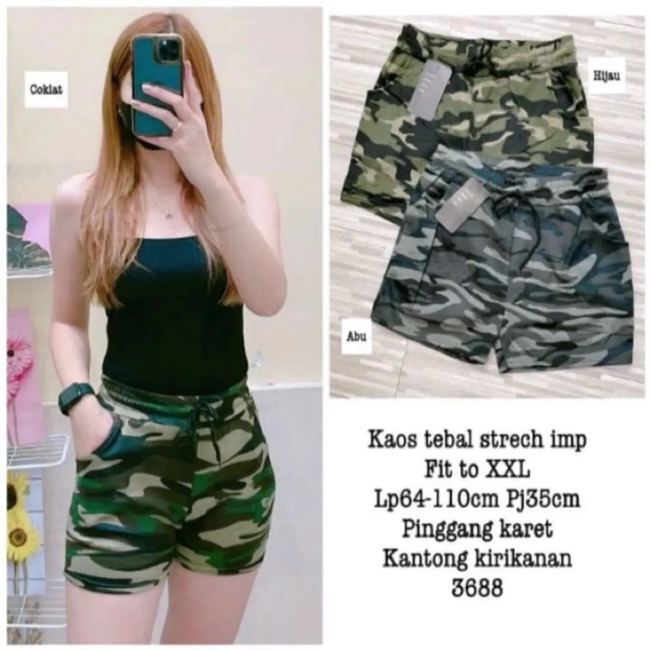 CELANA PENDEK WANITA ARMY / HOTPANTS Celana Legging Shorts Pants Wanita Basic Loreng Premium Tebal Katun Stretch Melar Nyaman Fit TO 80 KG