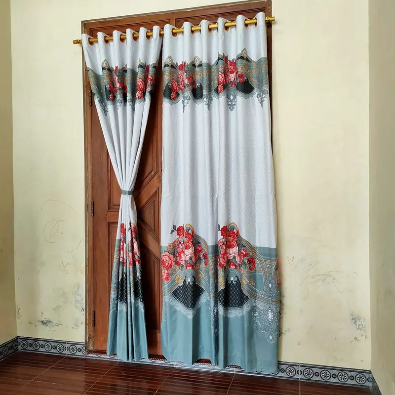 Gorden Pintu Jendela Smokring 12 Ring Ukuran 135x220cm Bahan Katun Disperse Warna Motif Dominan Putih Cerah Tali Korden 3