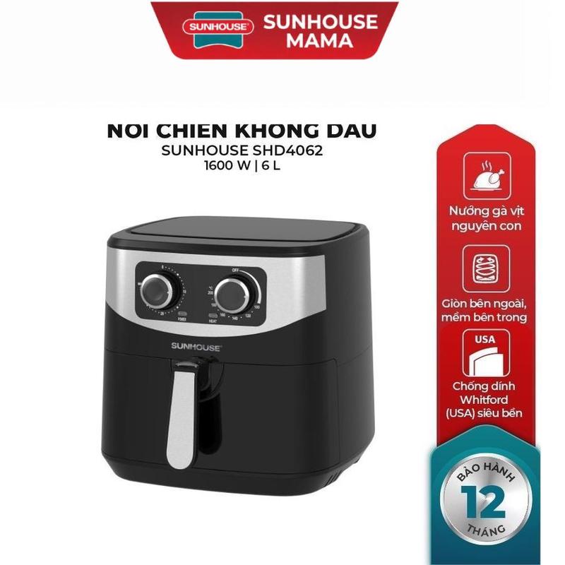Nồi Chiên Không Dầu SUNHOUSE SHD4062, Công nghệ Rapid Air , Giảm đến 80% lượng chất béo, Dung tích lớn 6L