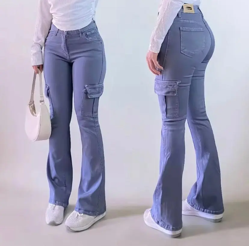 Celana Jeans Wanita Highwaist Cutbray Cargo Premium Panjang Polos Melar - Hitam Denim Cewek Karet