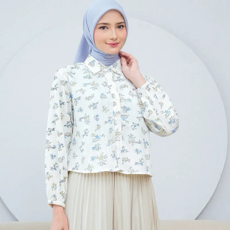 Atasan Fashion Korea Style Lengan Panjang Blus Wanita Musim Panas Casual Blouse Motif Bunga Bahan import 4