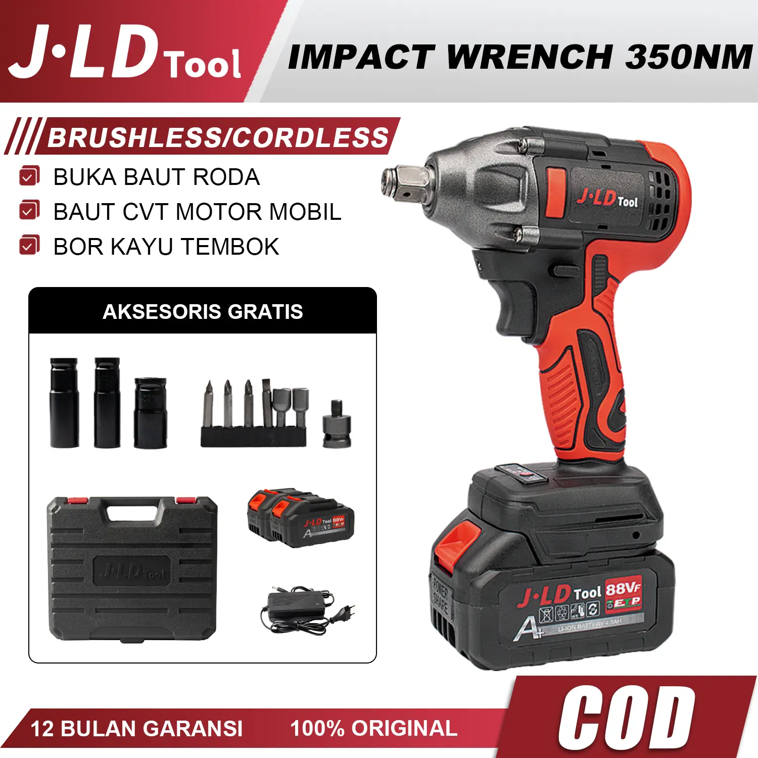JLD Impact Wrench Cordless 88Vf 350n.M Brushless Baterai Murah Promo - Torsi
