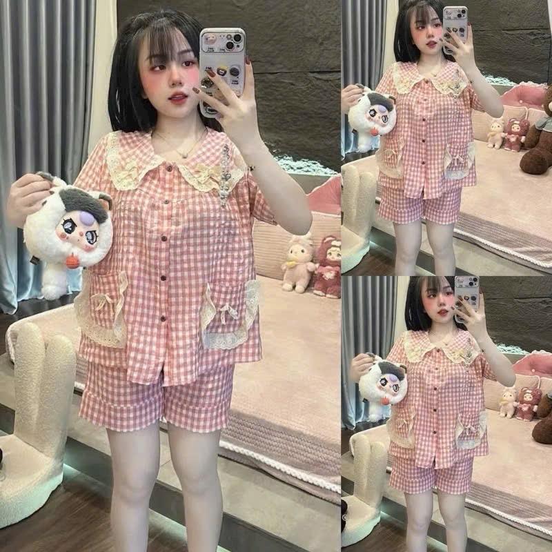 [Bigsize 60 - 90kg] Bộ Mặc Nhà Mặc Ngủ Kẻ Caro Áo Tay Ngắn Quần Đùi, Chất Đũi Không Giãn