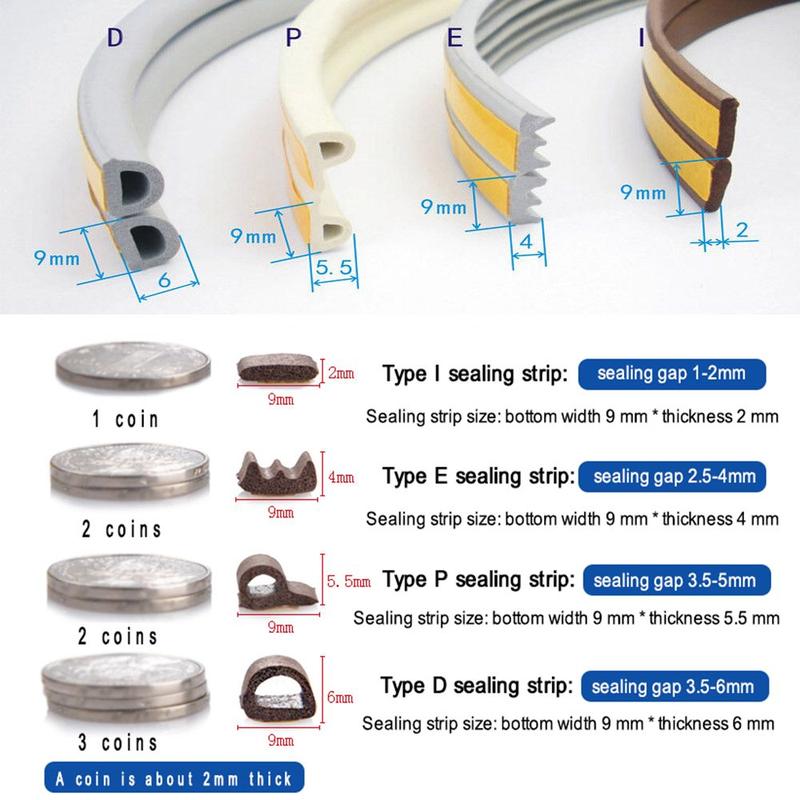 5/10m D/E/P/I Type Rubber Weather Strips Anti Collision Draught Excluder Window Door Foam Seal Strip 5