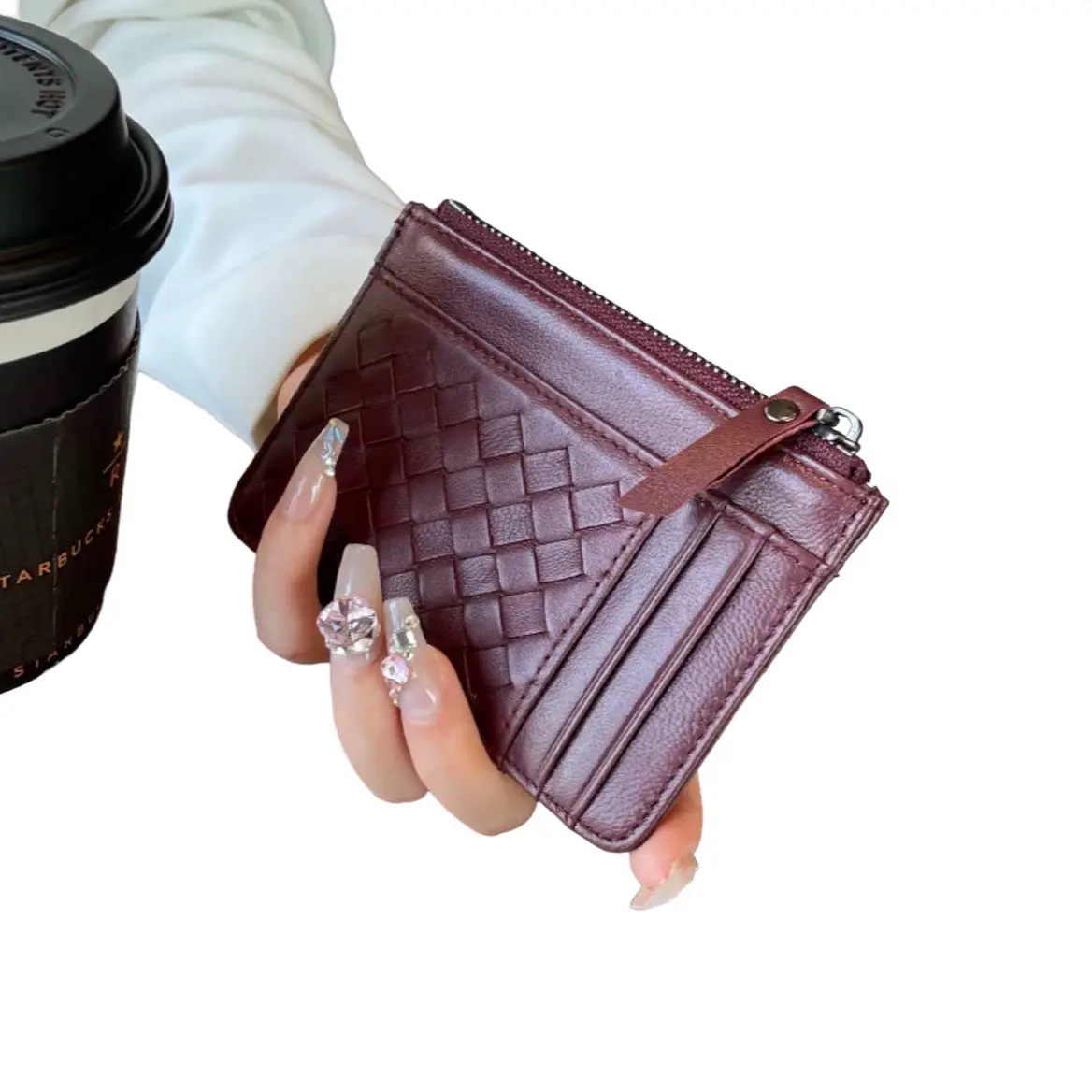 3018 - Lambskin Weave Cardholder with Zip Compartment