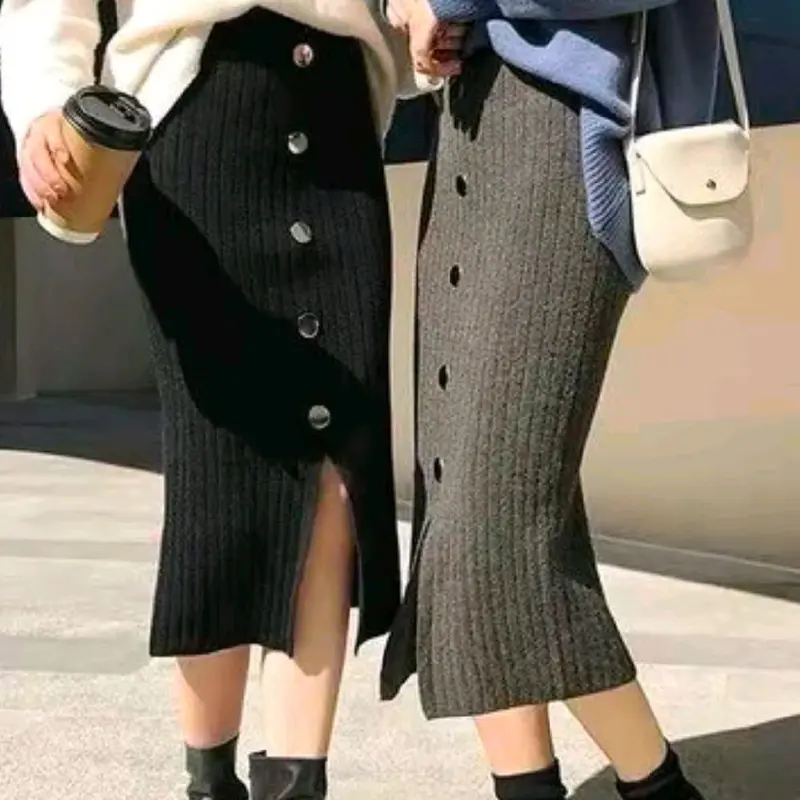 Rok rajut belah 7/8 variasi kancing melar/rok span casual wanita Korea style nyaman 2