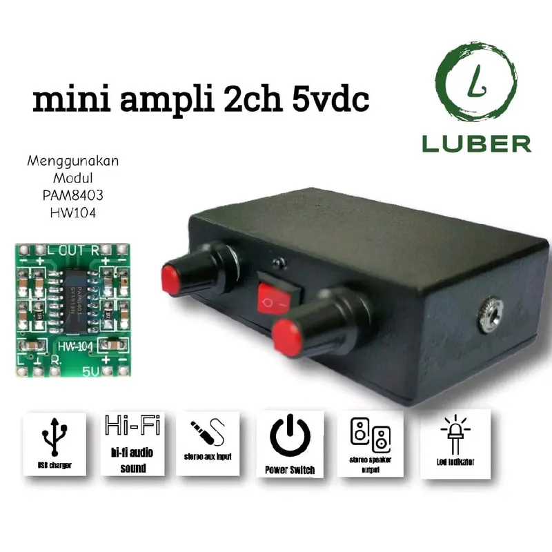 amplifier miniatur 2 channel 5vdc  dengan colokan aux input 3,5 0