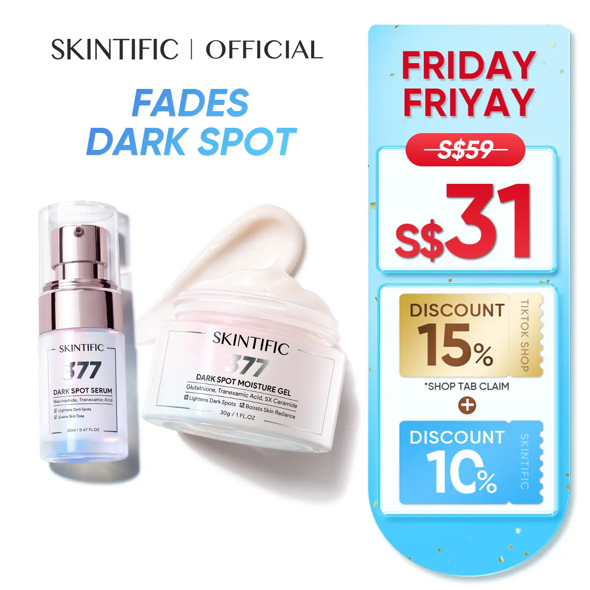 [SKINTIFIC OFFICIAL] SKINTIFIC Anti Dark Spot 2PCS SymWhite 377 Dark Spot Serum + 377 Dark Spot Moisturizer Fade Dark Spots Brightening Gentle Skincare Hydrating Skin Repair Moisture Comfort Hydrate fade darkspots