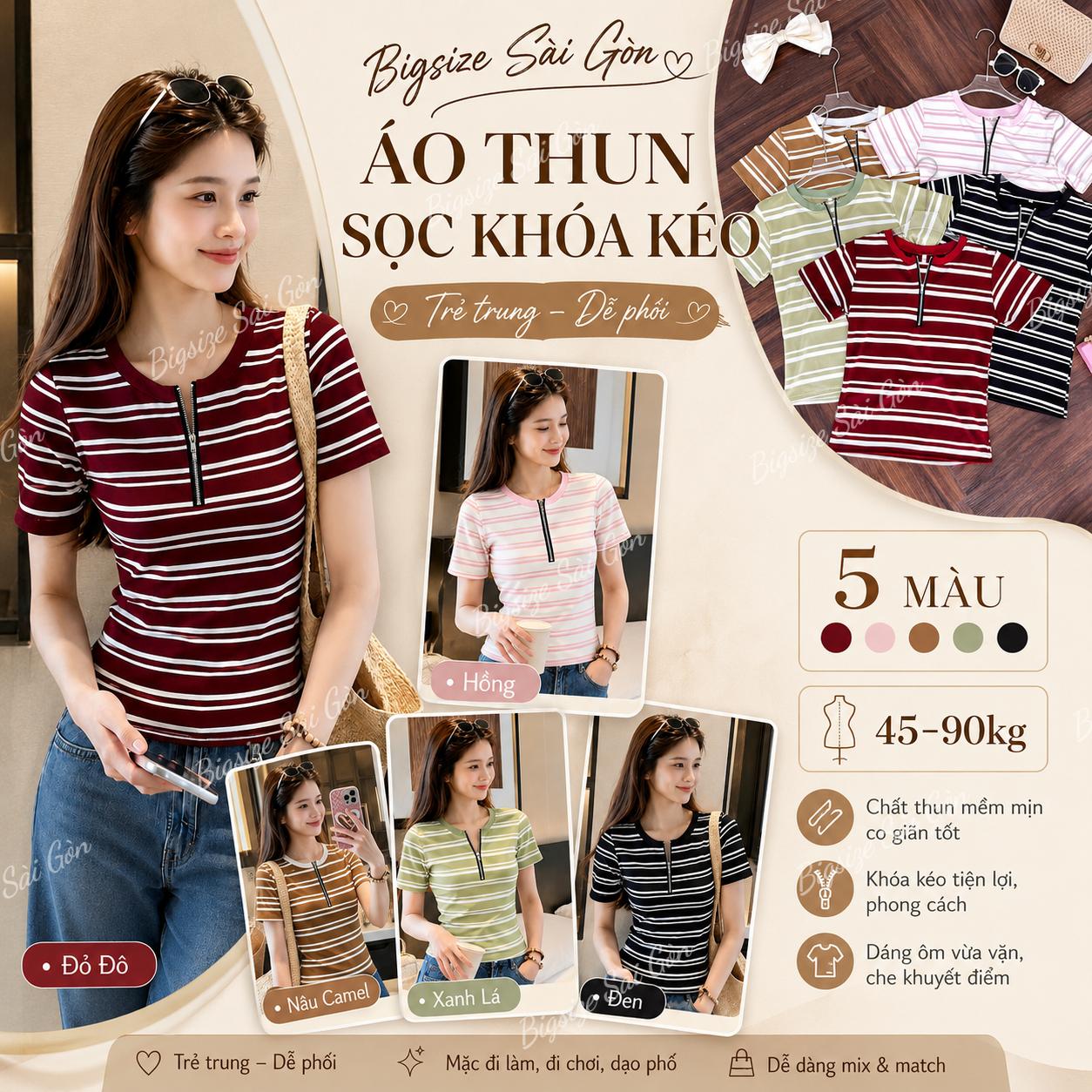 Bigsize Sài Gòn Áo Thun Nữ Bigsize Sọc Ngang Khóa Kéo Chất Cotton, Tay Ngắn Form Ôm Co Giãn 45–90kg - B.1839