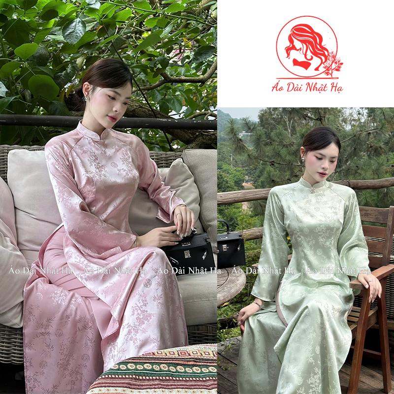  Áo dài gấm truyền thống Trúc Anh chất liệu lụa gấm trúc đào cao cấp mềm mại ôm eo tay loe sang trọng 