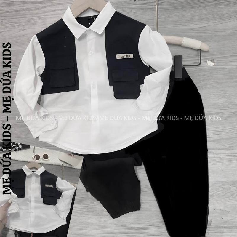 Bộ quần áo BEI cho bé trai cá tính áo thô lụa quần jean sz 8-26kg