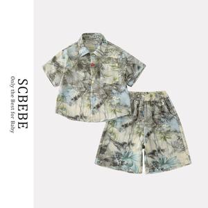 SCBEBE和風キッズセット カジュアルシャツ＋オーバーサイズショートパンツ 夏用すっきりデザイン 3歳〜12歳 AT947