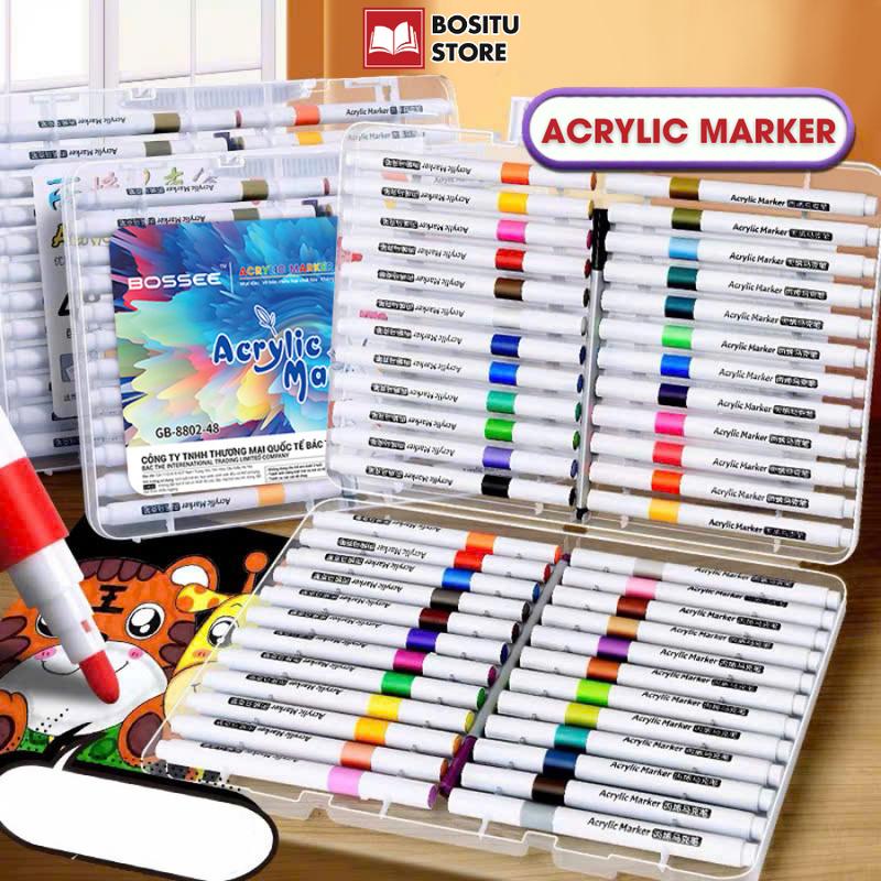 Hộp 80 Bút Màu Acrylic Marker Chống Nước, Bộ Bút Đánh Dấu 12/24/36/48/60/80 Màu Tươi Sáng Dạng Sơn Tô Vẽ Trên Mọi Chất Liệu, Chồng Màu, Đè Màu, Che Phủ Tốt - Thỏa Sức Sáng Tạo DIY, Vẽ Ốp Điện Thoại, Giày, Quần Áo, Cốc Thủy Tinh _ Bositu Store