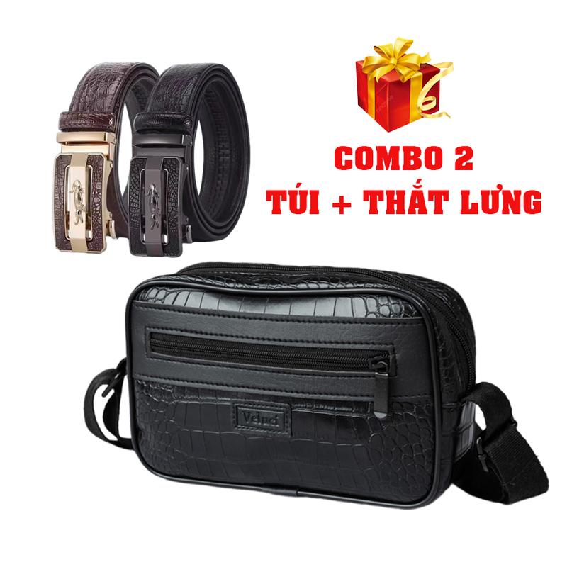 Bộ đôi túi da nam đeo chéo vân cá sấu và dây lưng cá sấu hợp kim