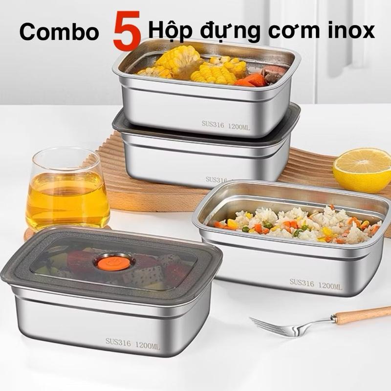[Không hít nam châm] Combo 5 hộp đựng thức ăn inox 1500ml-1200ml , hộp đựng rau- thực phẩm, hộp đựng cơm có nắp đậy cao su đa năng có thể dùng được với lò nướng , Tủ lạnh lunchbox