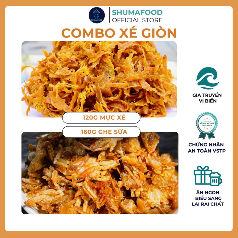Combo Xé Giòn gồm 160g khô ghẹ sữa 120g khô mực xé sợi chiên giòn thơm ngon dai dai giòn giòn ShumaFood snack ăn vặt