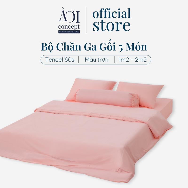  Bộ Chăn Ga Gối Lụa Tencel 60s Màu Trơn  5 Món Cao Cấp 1m2-2m2 AOICONCEPT- Ngủ Ngon Với Ga Giường Bo Chun Vỏ Mền 2 Vỏ Gối Nằm & 1 Vỏ Gối Ôm Chất Liệu An Toàn Cho Da 