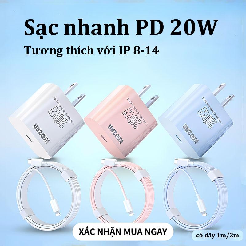 KOOZAN  Bộ Sạc Nhanh 20W Cao Cấp cho điện thoại IP 8-14 ， C¡p sac nhanh 1m/2m,White/Pink/Blue, sac 30 phÃút d¢y dÃ 60 %，day sac dien thoai，Sạc nhanh, PD20W , Bao gồm bộ sạc PD và cáp, Thích hợp cho điện thoại 8 X Xs 11 12 13 14