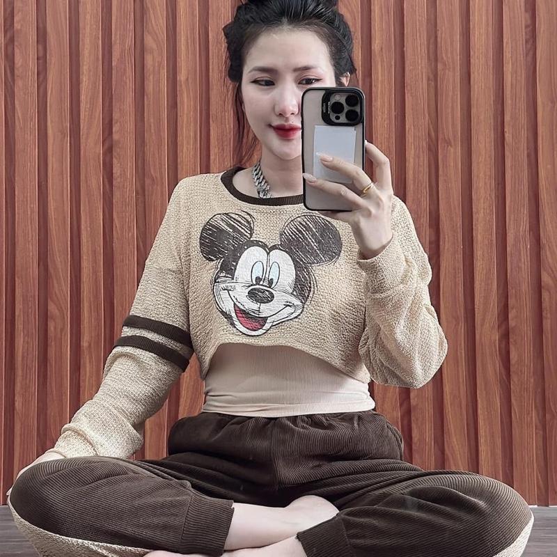 Đồ Bộ In micky tay dài thun lưới kèm áo dây quần dài bo bản co giản