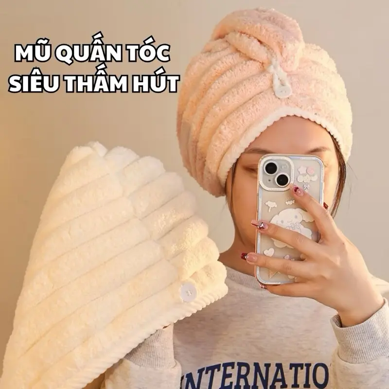 Mũ Quấn Tóc Siêu Thấm Hút Nhanh Khô, Khăn Lau Tóc Lọn Bông To Siêu Thấm