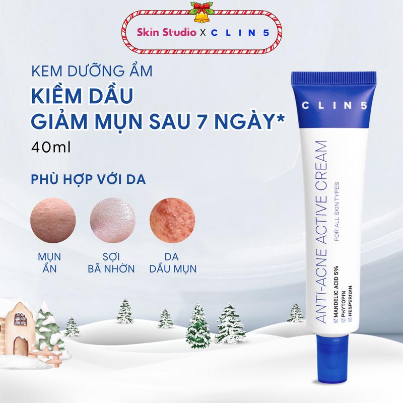 Kem dưỡng giảm mụn dưỡng ẩm kiềm dầu Clin5 Anti Acne Active Cream 40ml cho mụn viêm mụn trứng cá