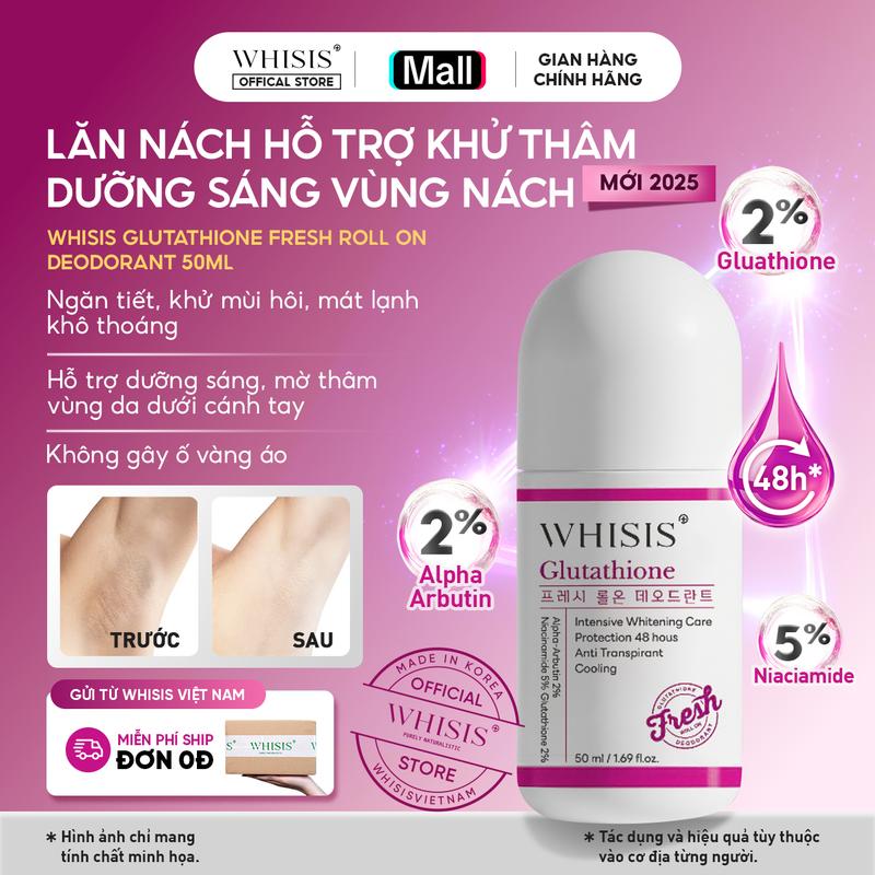 Lăn Nách Khử Mùi Mồ Hôi WHISIS Glutathione Fresh 50ml - Khử Mùi, Dưỡng Sáng Vùng Da Dưới Cánh Tay Mát Lạnh NK Hàn Quốc