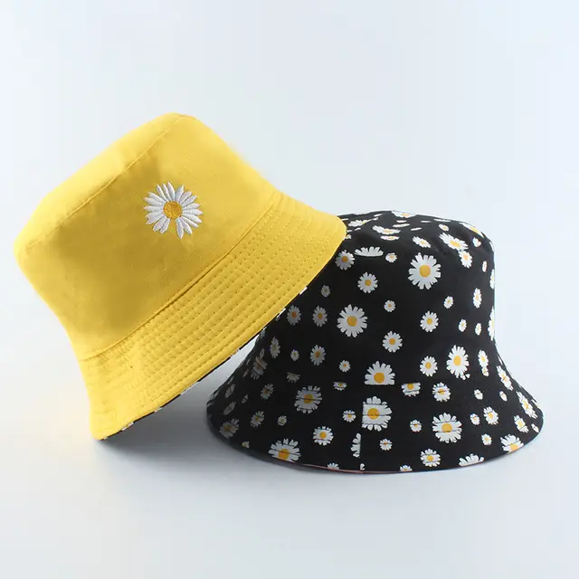 Topi Bucket Dua Sisi Anti Uv Motif Bordir dan Sablon Bunga Daisy Bahan Drilll / Daisy 002 anak dewasa 0