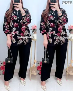 VIDYA - Setelan Bunga Rose 127231 One Set Kekinian Full Motif Stelan Rayon Viral Baju Hommy Wanita Celana Panjang Kulot Katun Atasan Dewasa
