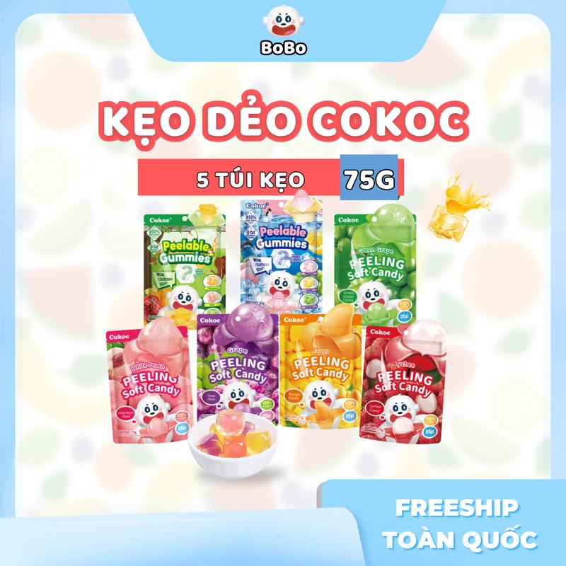 Combo 375g 5 Túi Kẹo Dẻo Bóc Vỏ COKOC BOBO – Snack Không Phẩm Màu, Mềm Dẻo Tự Nhiên Cho Bé,Thức Ăn, Candy Food