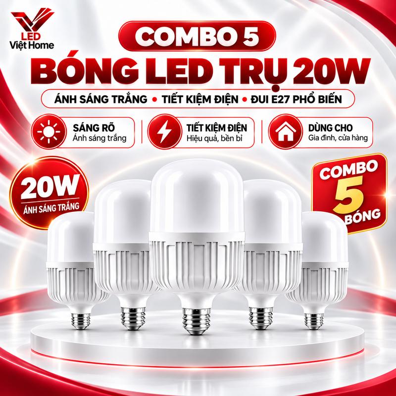 Combo 5 Bóng Đèn 20W Ánh Sáng Trắng LED Việt Home Đui Đèn Xoáy E27 tuổi thọ cao, chống nước, chống muỗi